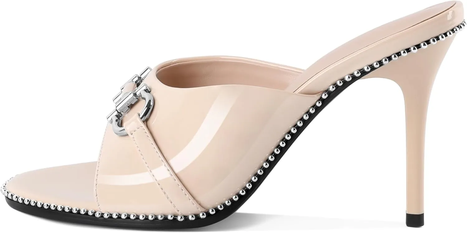 AUMOTED Peep Open Toe Sandals Women Stiletto High Heels Beaded Sandals Slip On Wedding Office Cute Basic Classic 3.1 Inches Summer Heels