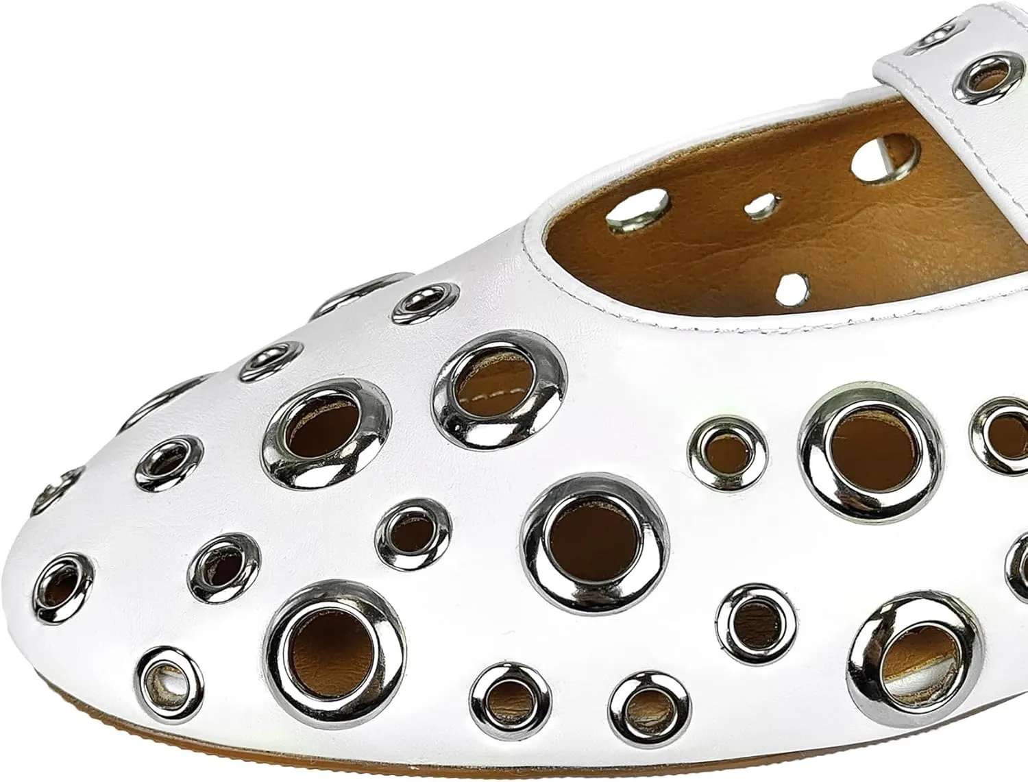 Ballet Flats for Women Metal Buckle Strap Perforated Mary Jane Comfortable Ballerina Flat Shoes