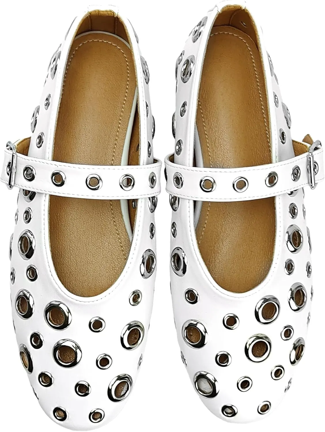 Ballet Flats for Women Metal Buckle Strap Perforated Mary Jane Comfortable Ballerina Flat Shoes