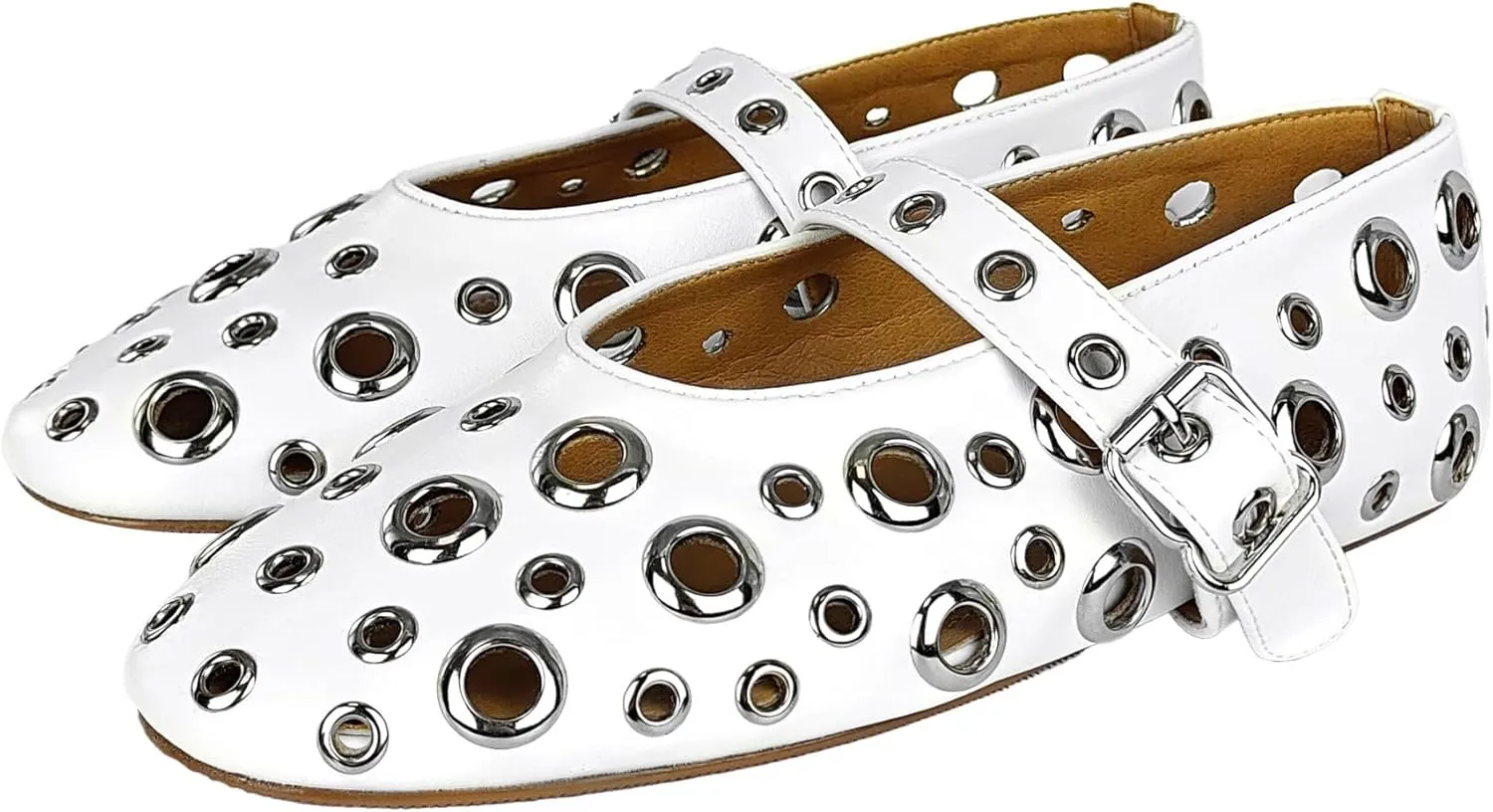Ballet Flats for Women Metal Buckle Strap Perforated Mary Jane Comfortable Ballerina Flat Shoes