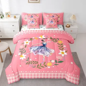 Ballet Girl Bed in a Bag 7 Pieces Dance Princess Bedding Set, Chic Flower Floral Twin Size Comforter Set Pink Buffalo Plaid Bedding Comforter Sets, Cute Ballerina Dancer Bed Set Kids Bedroom