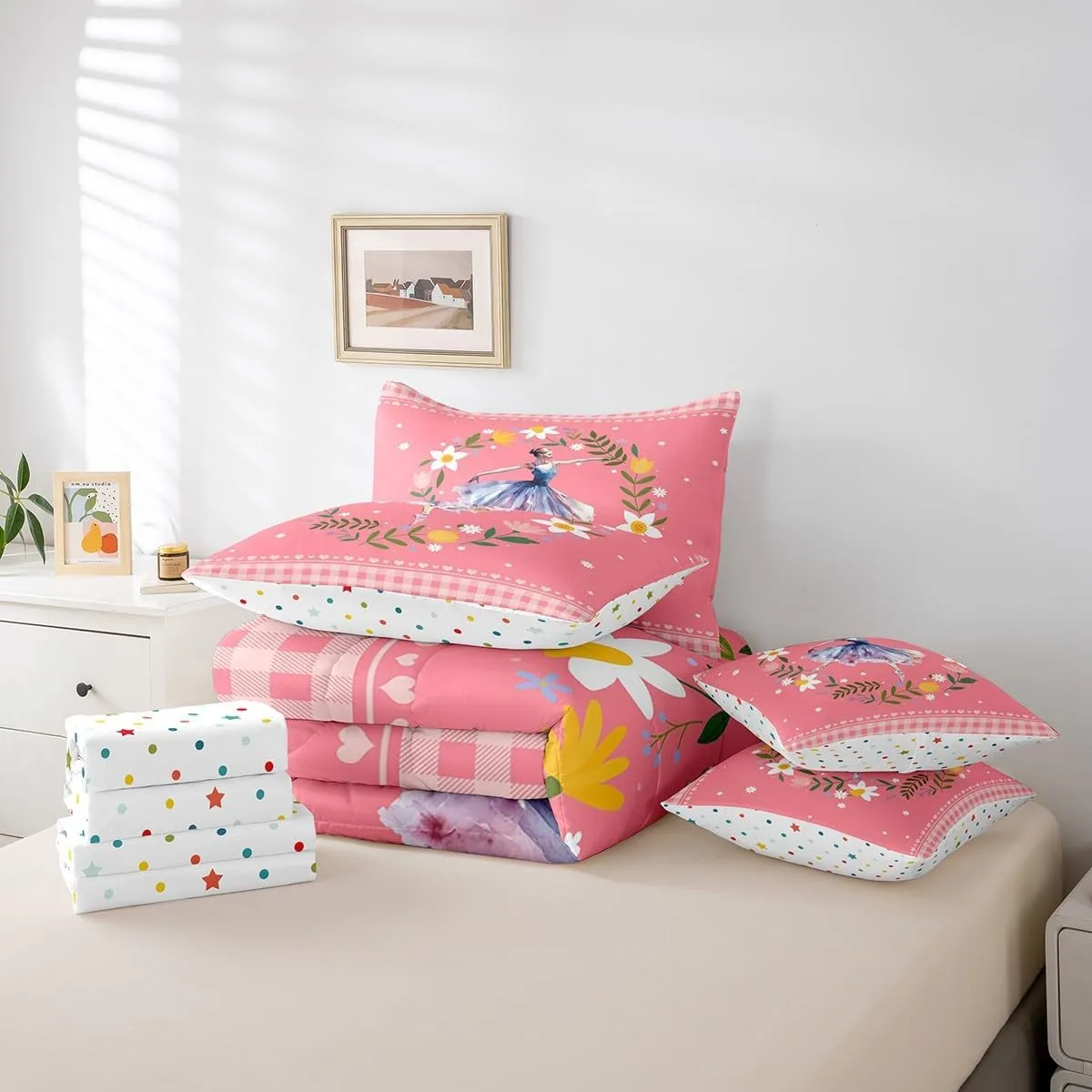 Ballet Girl Bed in a Bag 7 Pieces Dance Princess Bedding Set, Chic Flower Floral Twin Size Comforter Set Pink Buffalo Plaid Bedding Comforter Sets, Cute Ballerina Dancer Bed Set Kids Bedroom