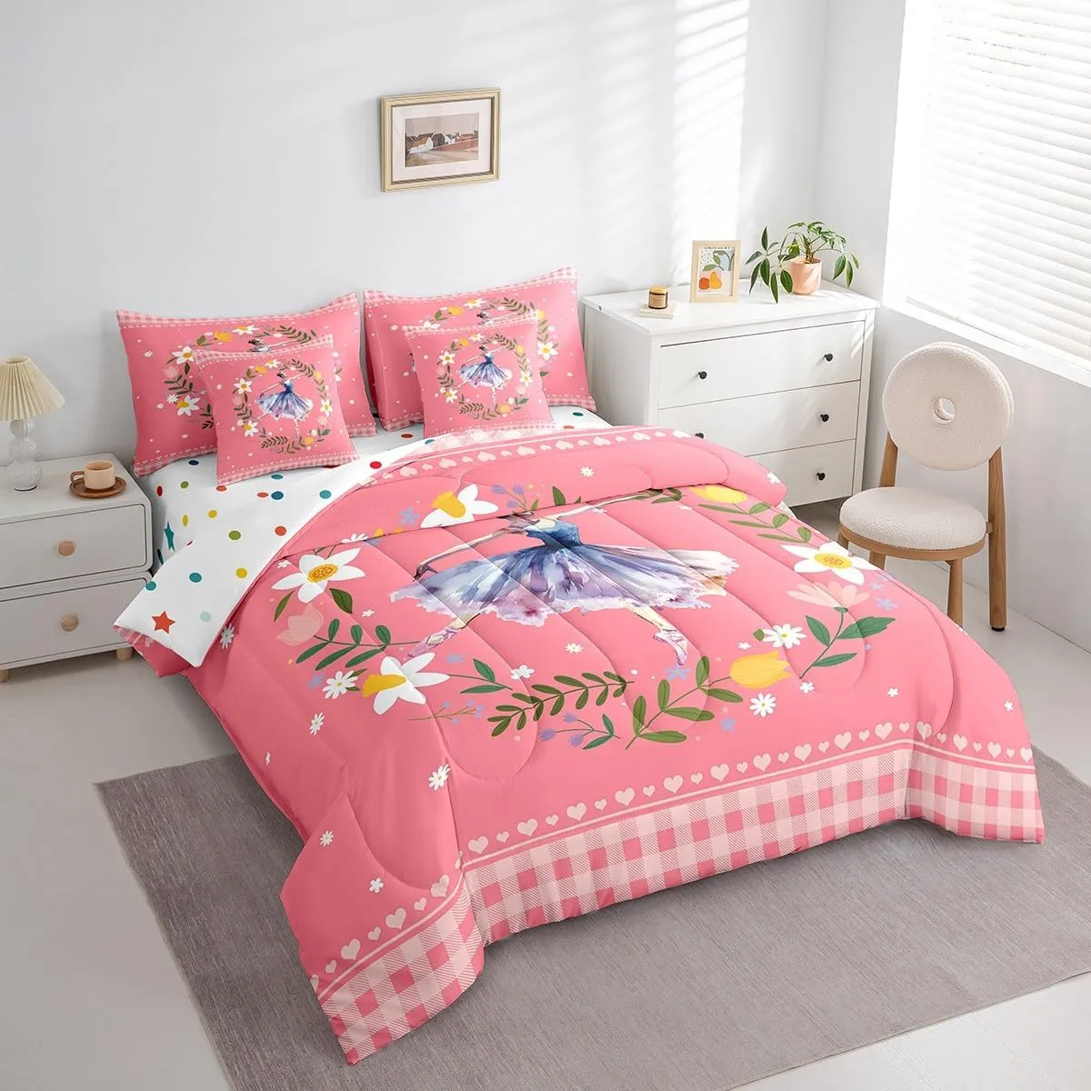 Ballet Girl Bed in a Bag 7 Pieces Dance Princess Bedding Set, Chic Flower Floral Twin Size Comforter Set Pink Buffalo Plaid Bedding Comforter Sets, Cute Ballerina Dancer Bed Set Kids Bedroom