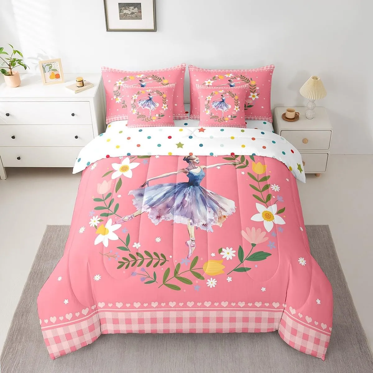 Ballet Girl Bed in a Bag 7 Pieces Dance Princess Bedding Set, Chic Flower Floral Twin Size Comforter Set Pink Buffalo Plaid Bedding Comforter Sets, Cute Ballerina Dancer Bed Set Kids Bedroom