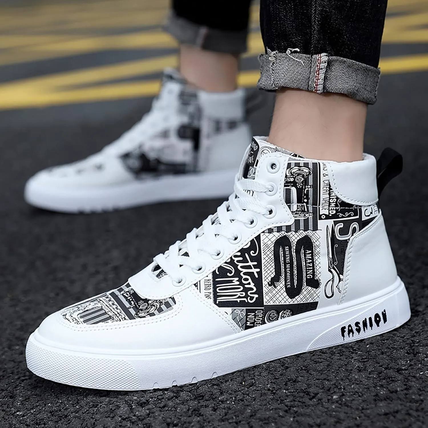 BORAMAX Men's White Canvas Shoes High Top Canvas Sneakers Classic Lace-Up Walking Shoes Light-Weight Casual Shoe Tennis Shoes