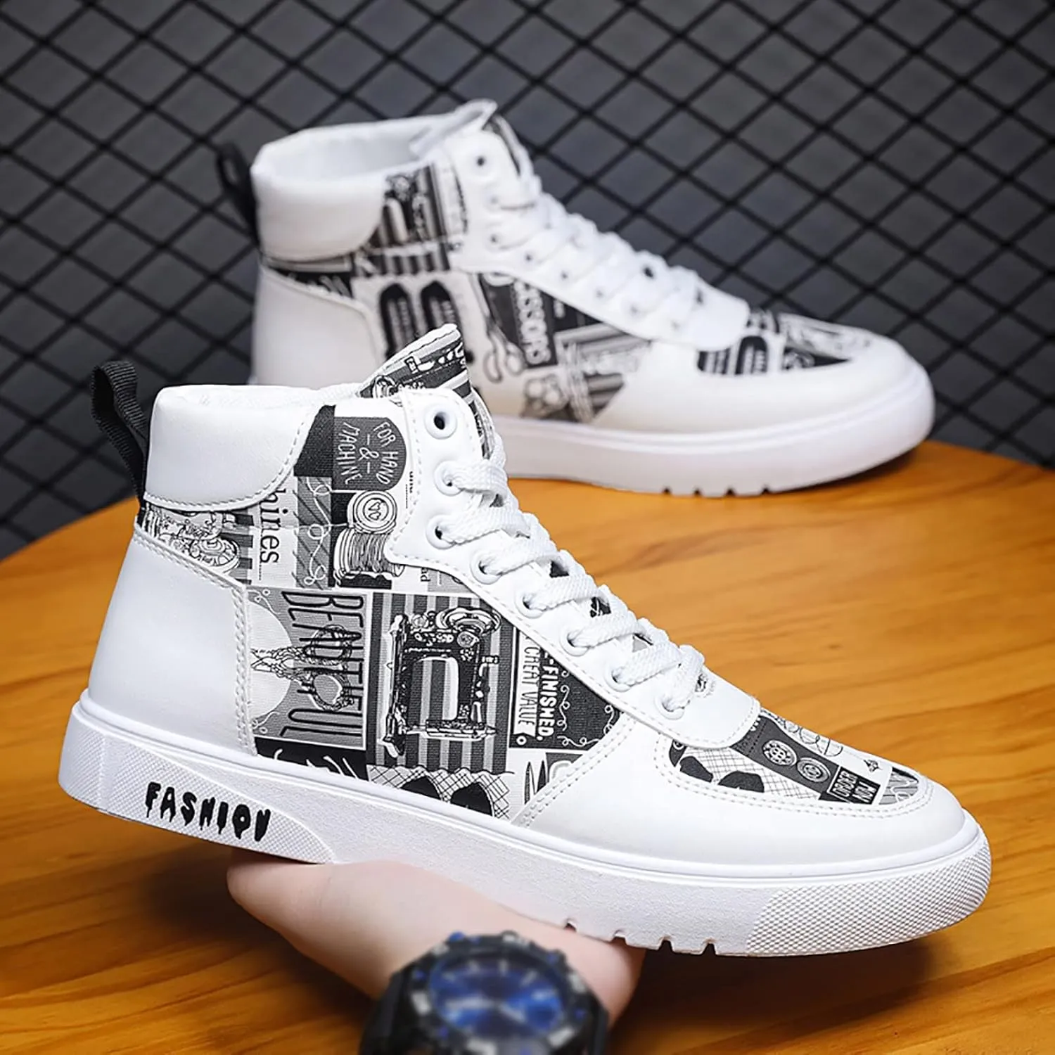 BORAMAX Men's White Canvas Shoes High Top Canvas Sneakers Classic Lace-Up Walking Shoes Light-Weight Casual Shoe Tennis Shoes