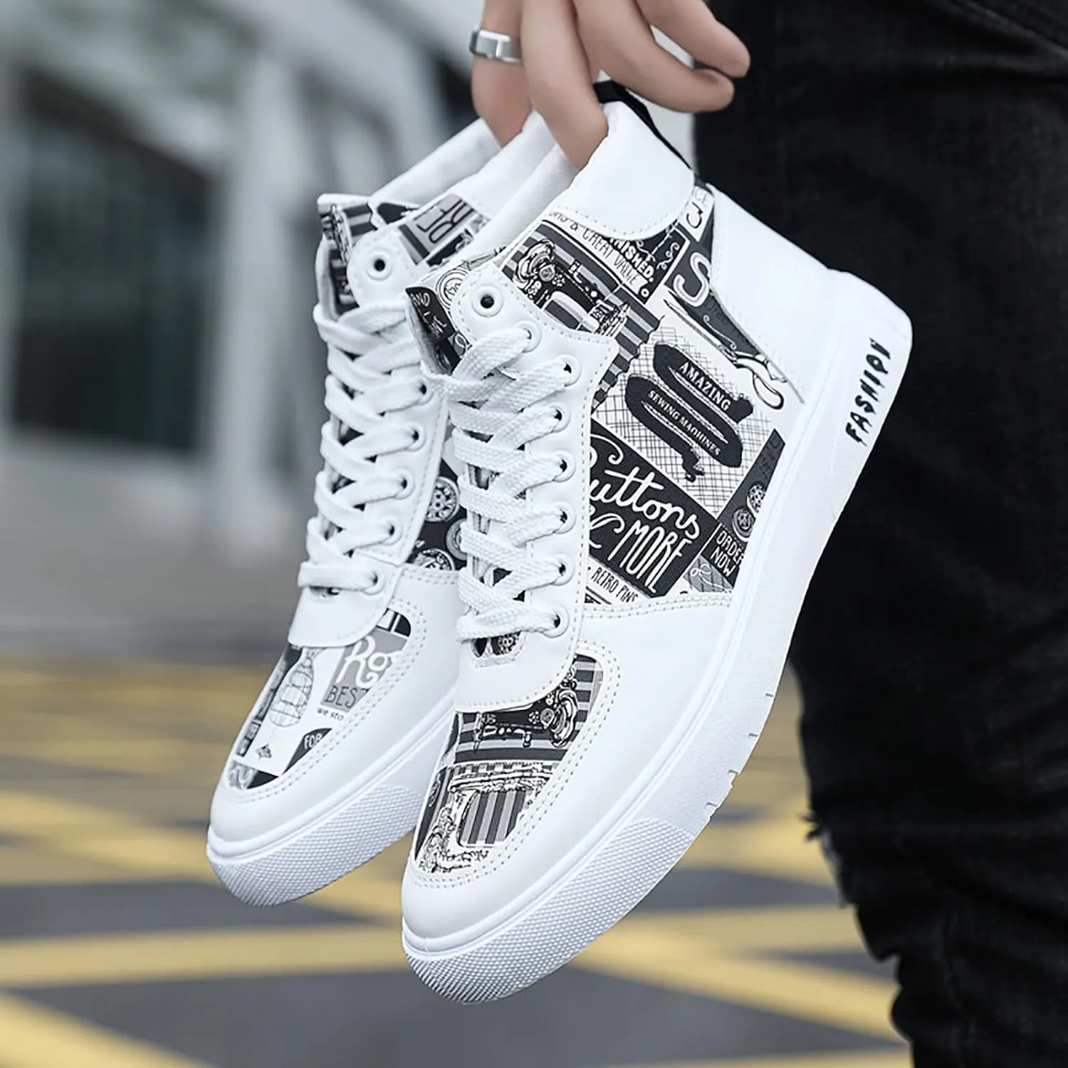 BORAMAX Men's White Canvas Shoes High Top Canvas Sneakers Classic Lace-Up Walking Shoes Light-Weight Casual Shoe Tennis Shoes