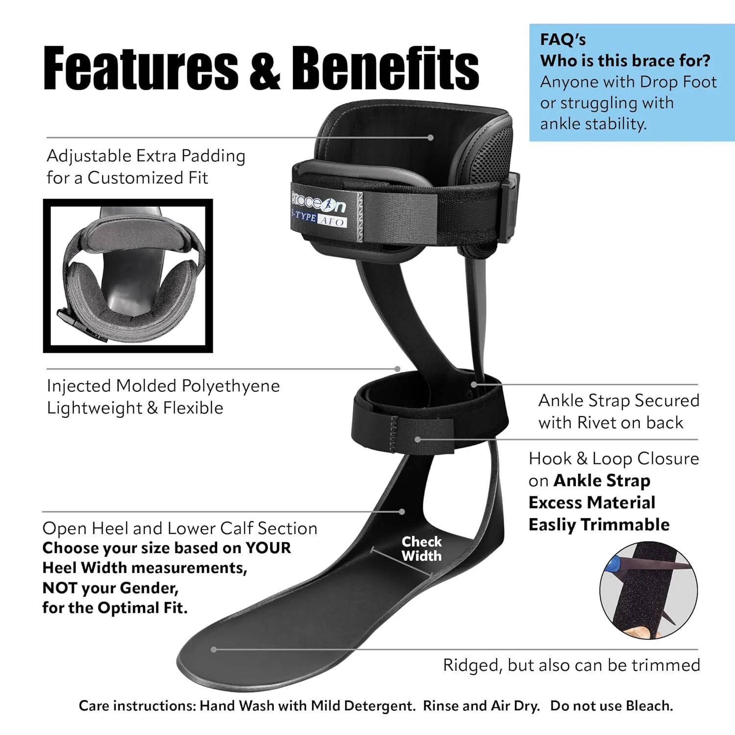 Brace On AFO S-Type - Drop Foot Stabilizer Brace, Moldable, Trimmable, Lightweight Polyethylene, Drop Foot Braces for Women, AFO Brace and Foot Drop Braces, Foot Boot for Injured Foot, Women, Right