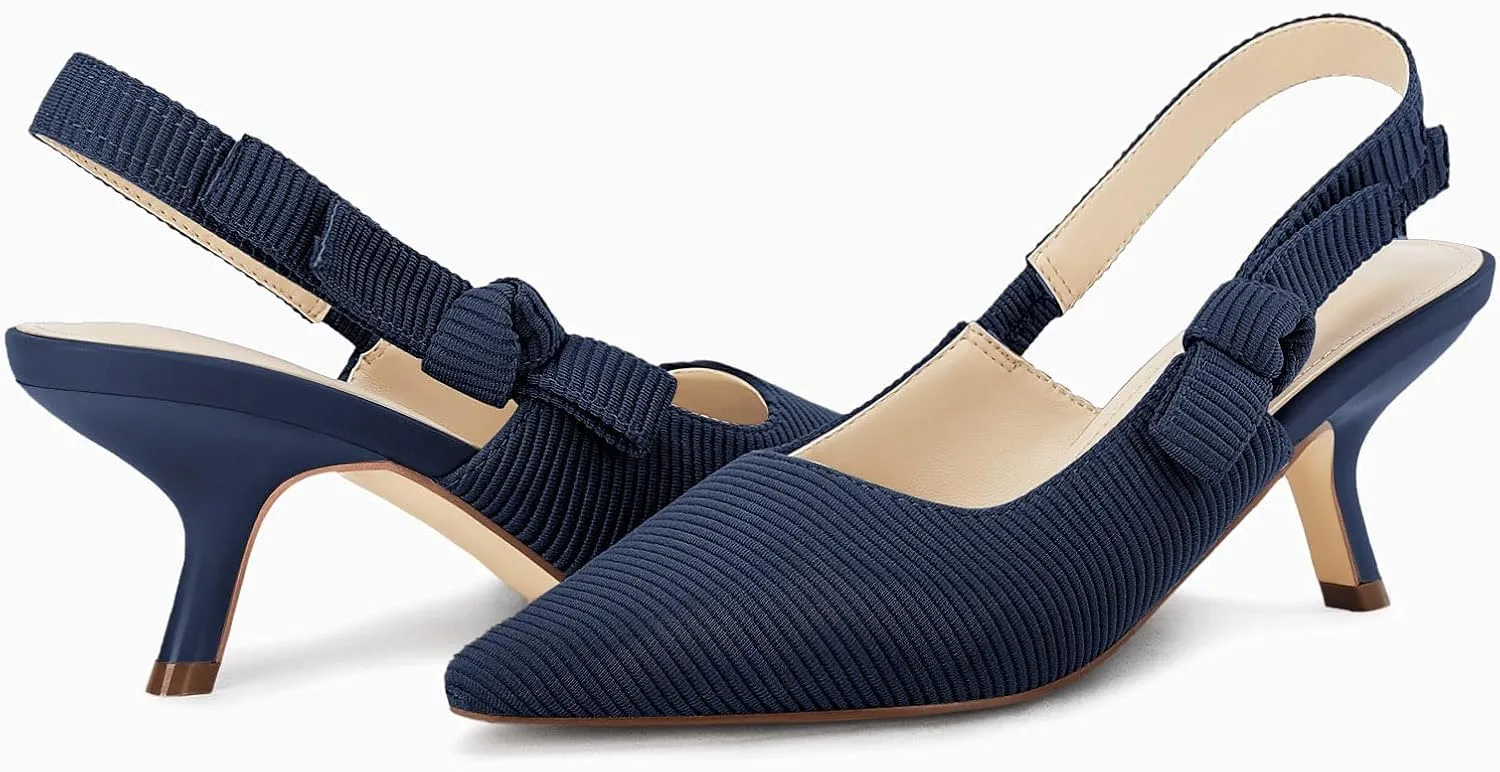 Coutgo Womens Slingback Kitten Heels Closed Pointed Toe Bowknot Knitted Slip On Work Pumps Dress Shoes