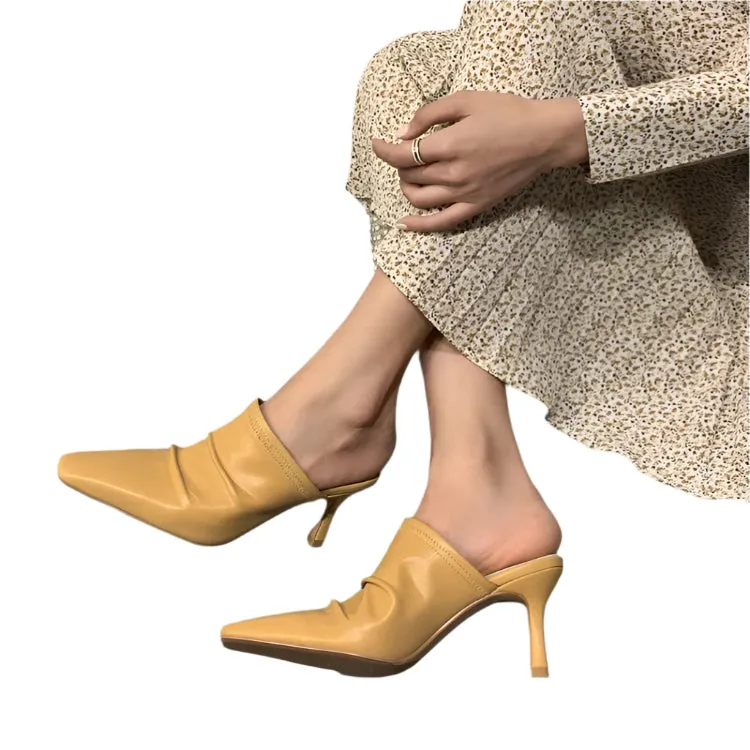 Cowhide Closed Toe Pleated High Heel Mule