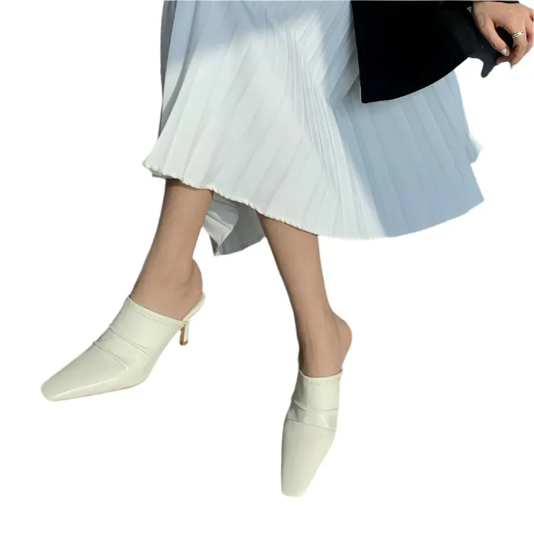 Cowhide Closed Toe Pleated High Heel Mule