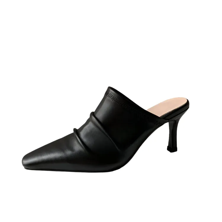 Cowhide Closed Toe Pleated High Heel Mule