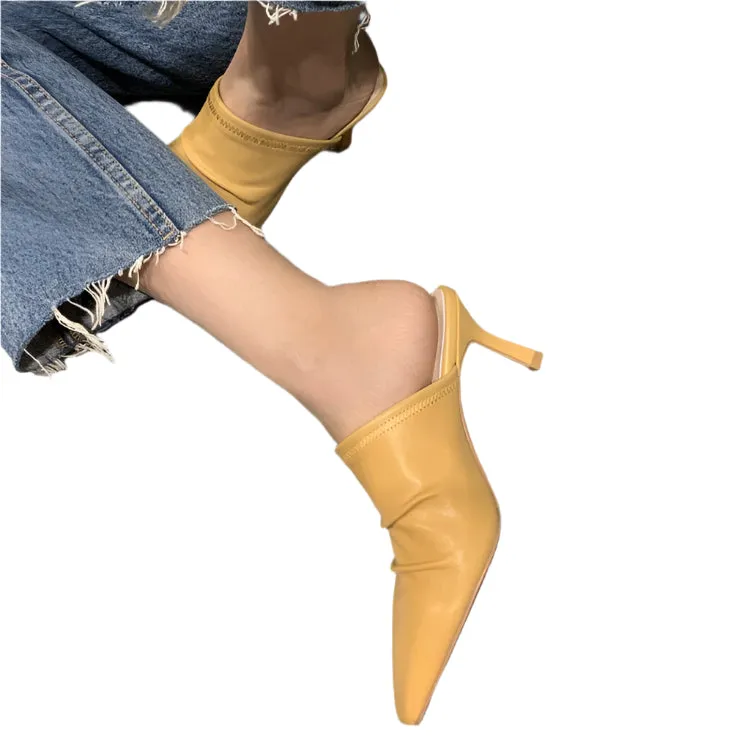 Cowhide Closed Toe Pleated High Heel Mule