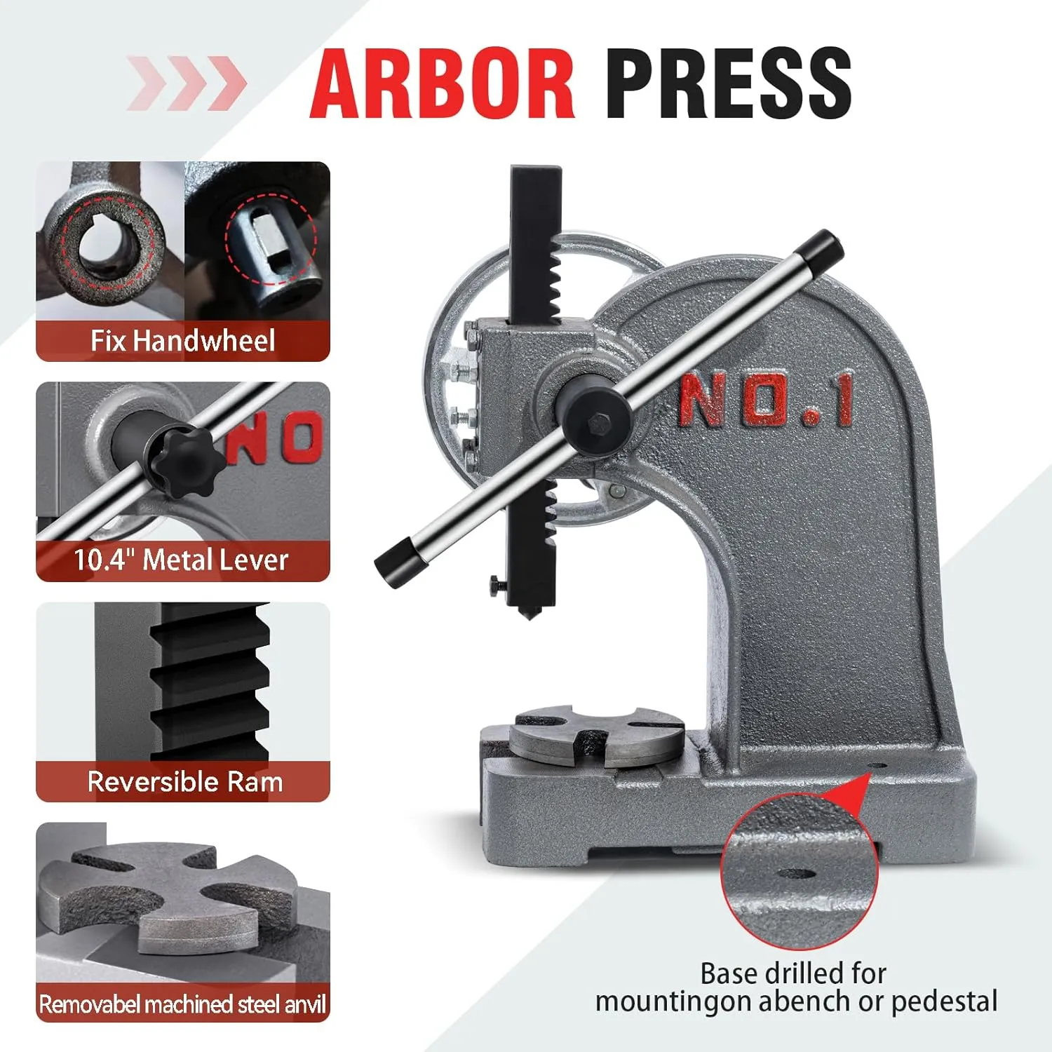 CXRCY Arbor Press 1 Ton with Hand Wheel, Cast Iron Heavy duty Manual Arbor Press 1 Ton, 5.5" Maximum Height, Desktop Arbor Press, Metal Punch Press Machine for Stamping Bending Forming Stretching