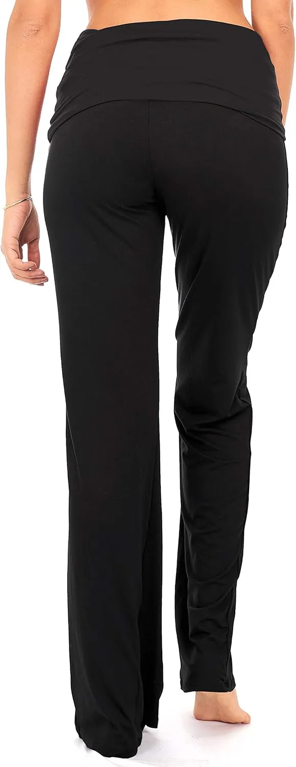 DEAR SPARKLE Fold Over Yoga Lounge Stretch Pants Women | Contrasting High Waist Loose Pregnancy Pant Plus (P8)