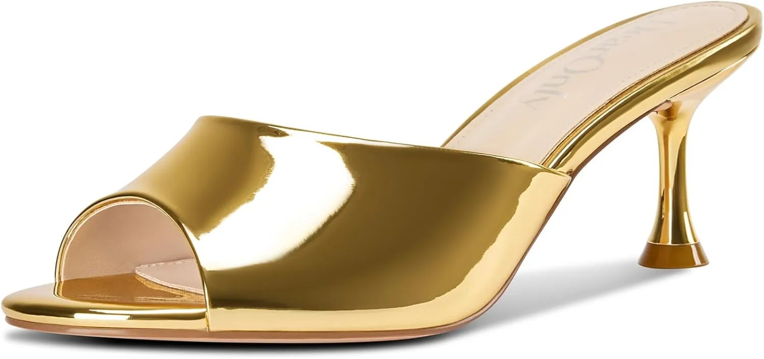 DearOnly Womens Open Toe Low Kitten Heel Sandals Slip-on Stiletto Mules Patent Leather Prom Dress Shoes 2.6 Inches Heels