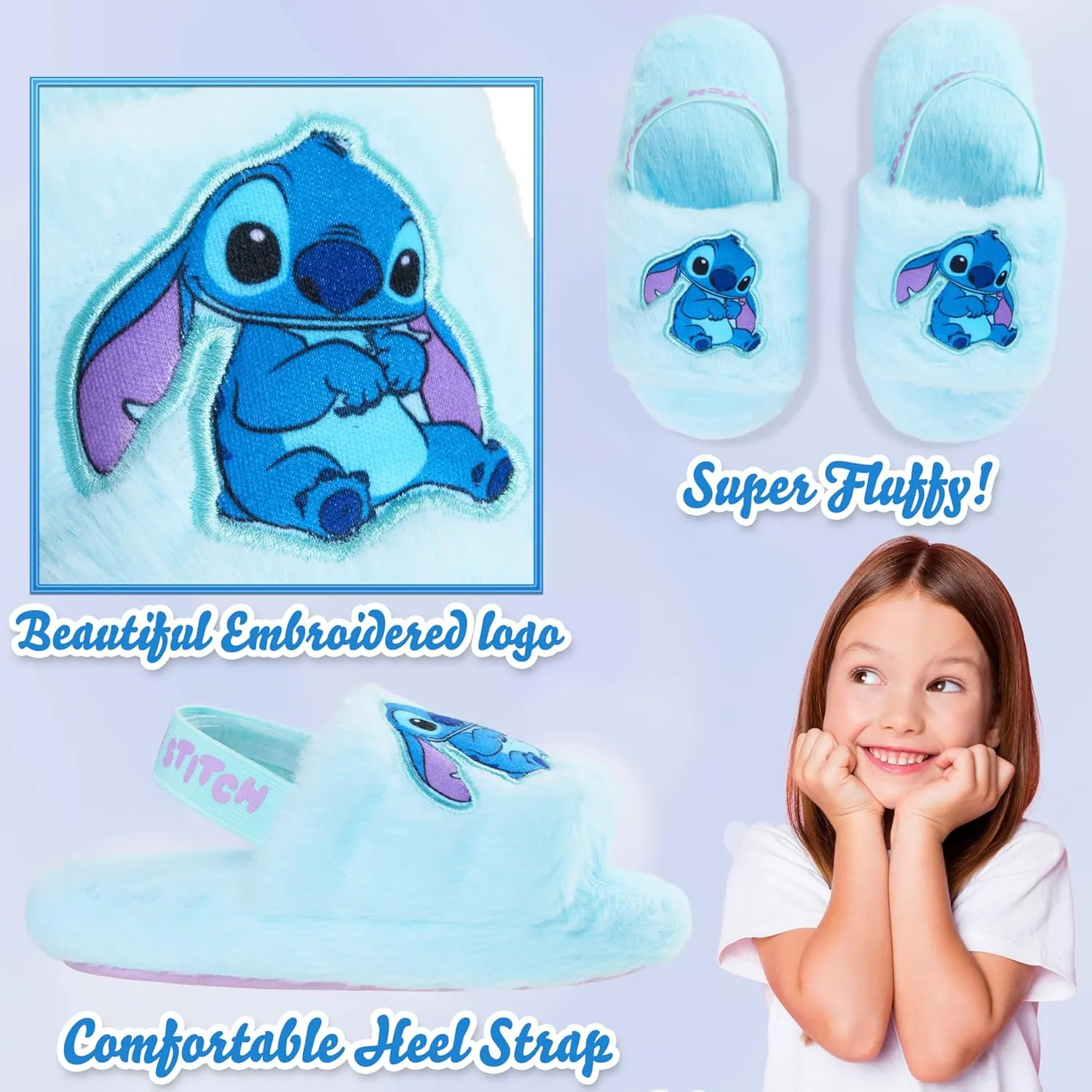 Disney Stitch Girls Fluffy Slippers, Comfy Mule House Shoes - Gifts for Kids