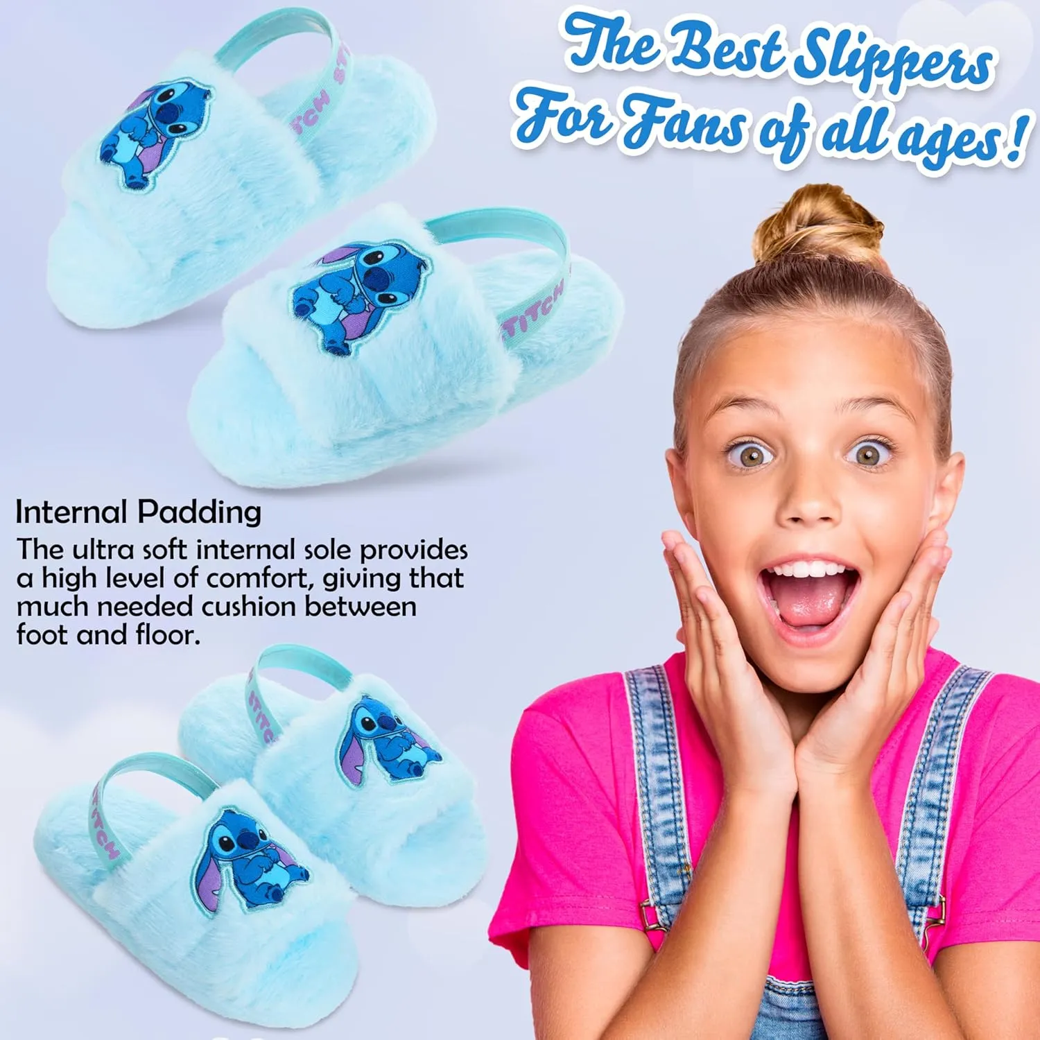 Disney Stitch Girls Fluffy Slippers, Comfy Mule House Shoes - Gifts for Kids