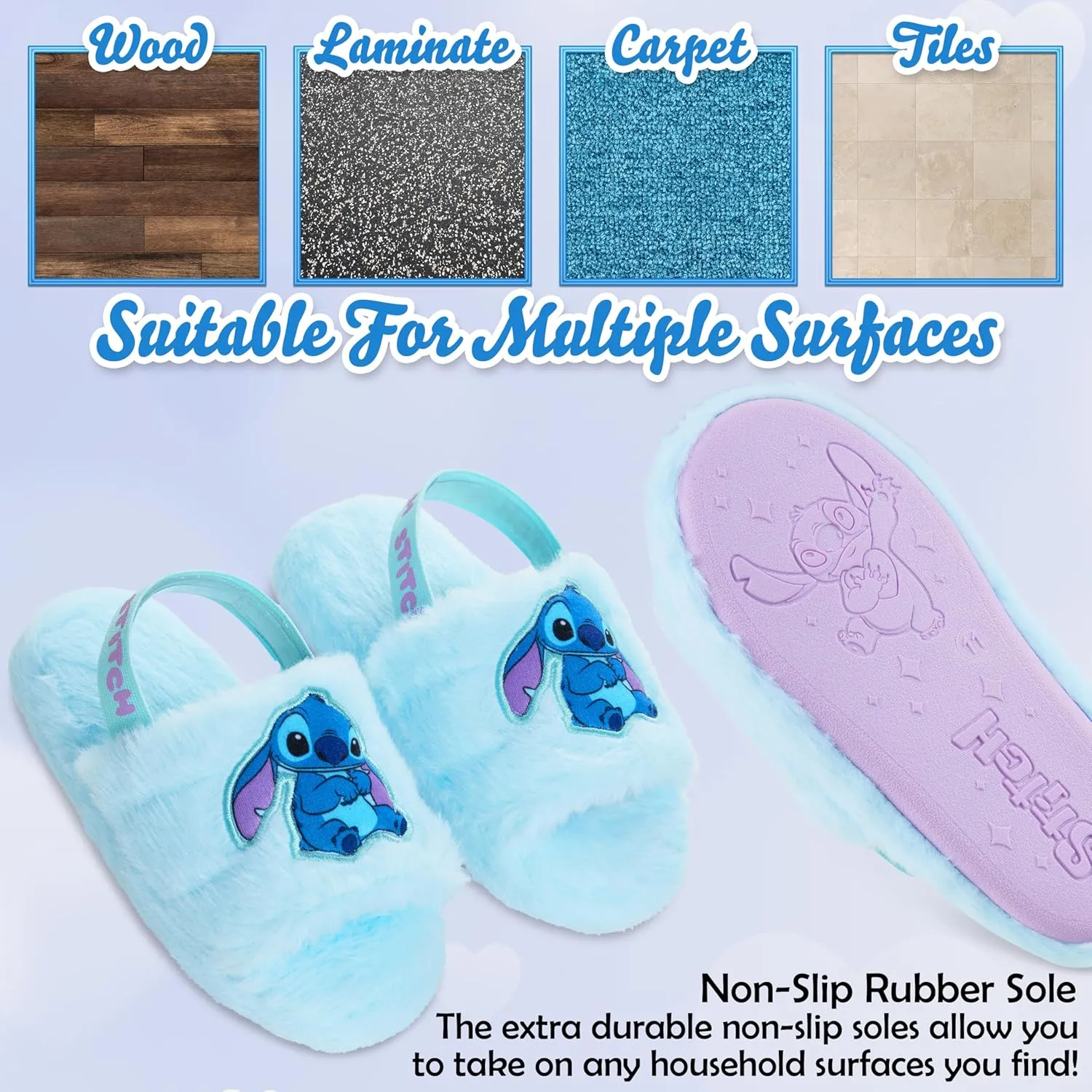 Disney Stitch Girls Fluffy Slippers, Comfy Mule House Shoes - Gifts for Kids