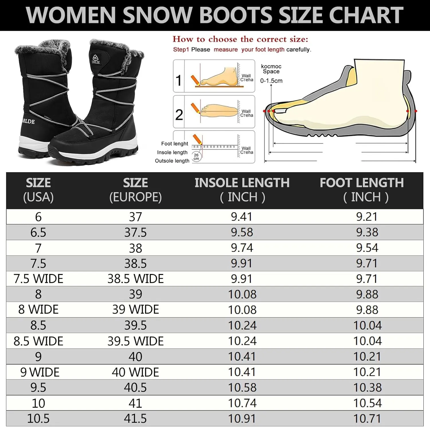 EARLDE Women’s Snow Boot With Waterproof Lace Up Mid-Calf Outdoor Winter Deep Tread Rubber Sole