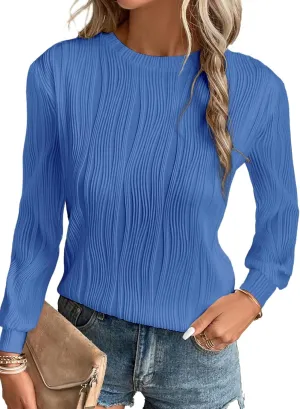 EVALESS Womens Tops Trendy Dressy Casual Long Sleeve Crewneck Basic T Shirts Solid Loose Textured Blouses Outfits