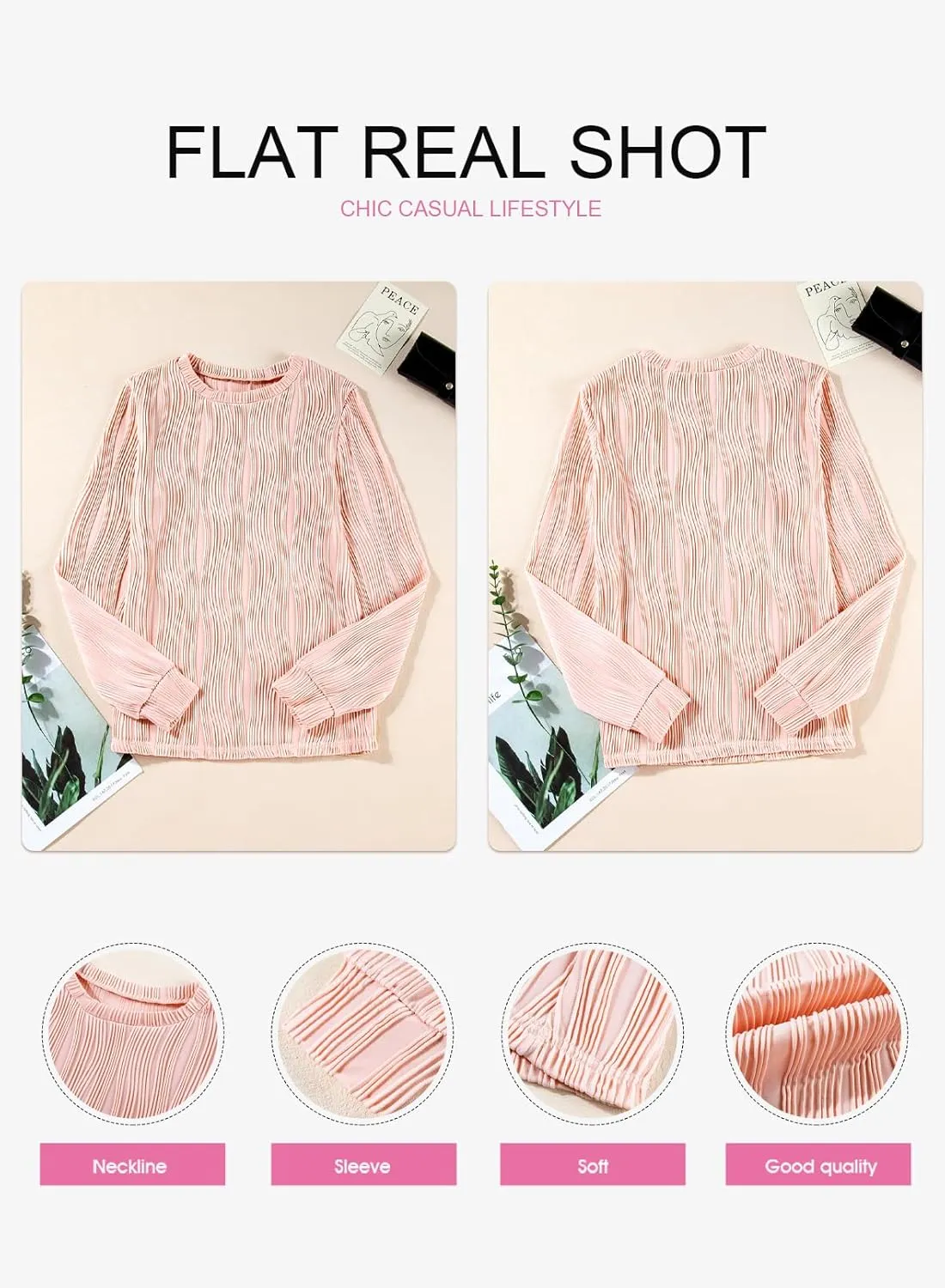 EVALESS Womens Tops Trendy Dressy Casual Long Sleeve Crewneck Basic T Shirts Solid Loose Textured Blouses Outfits