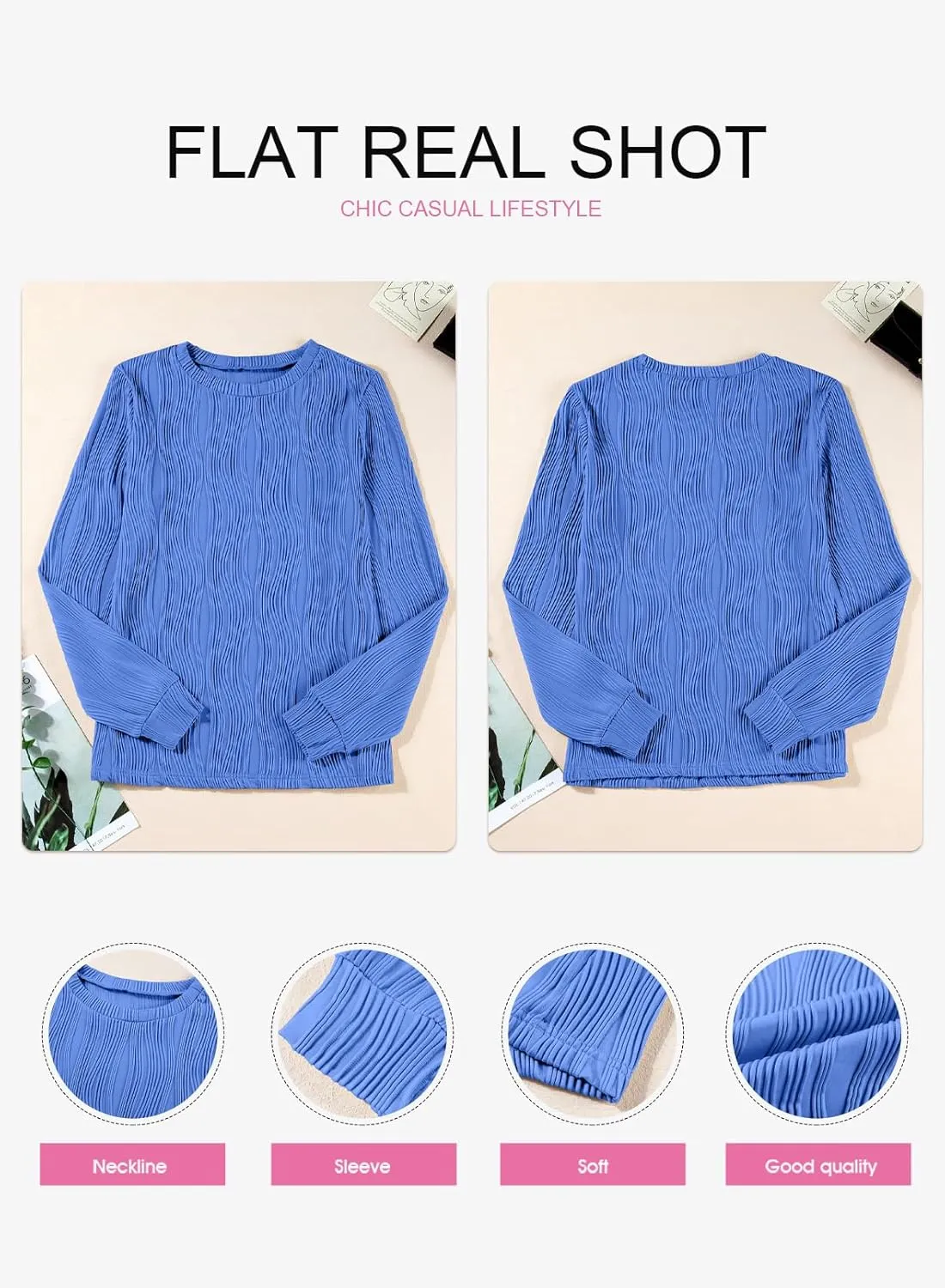 EVALESS Womens Tops Trendy Dressy Casual Long Sleeve Crewneck Basic T Shirts Solid Loose Textured Blouses Outfits