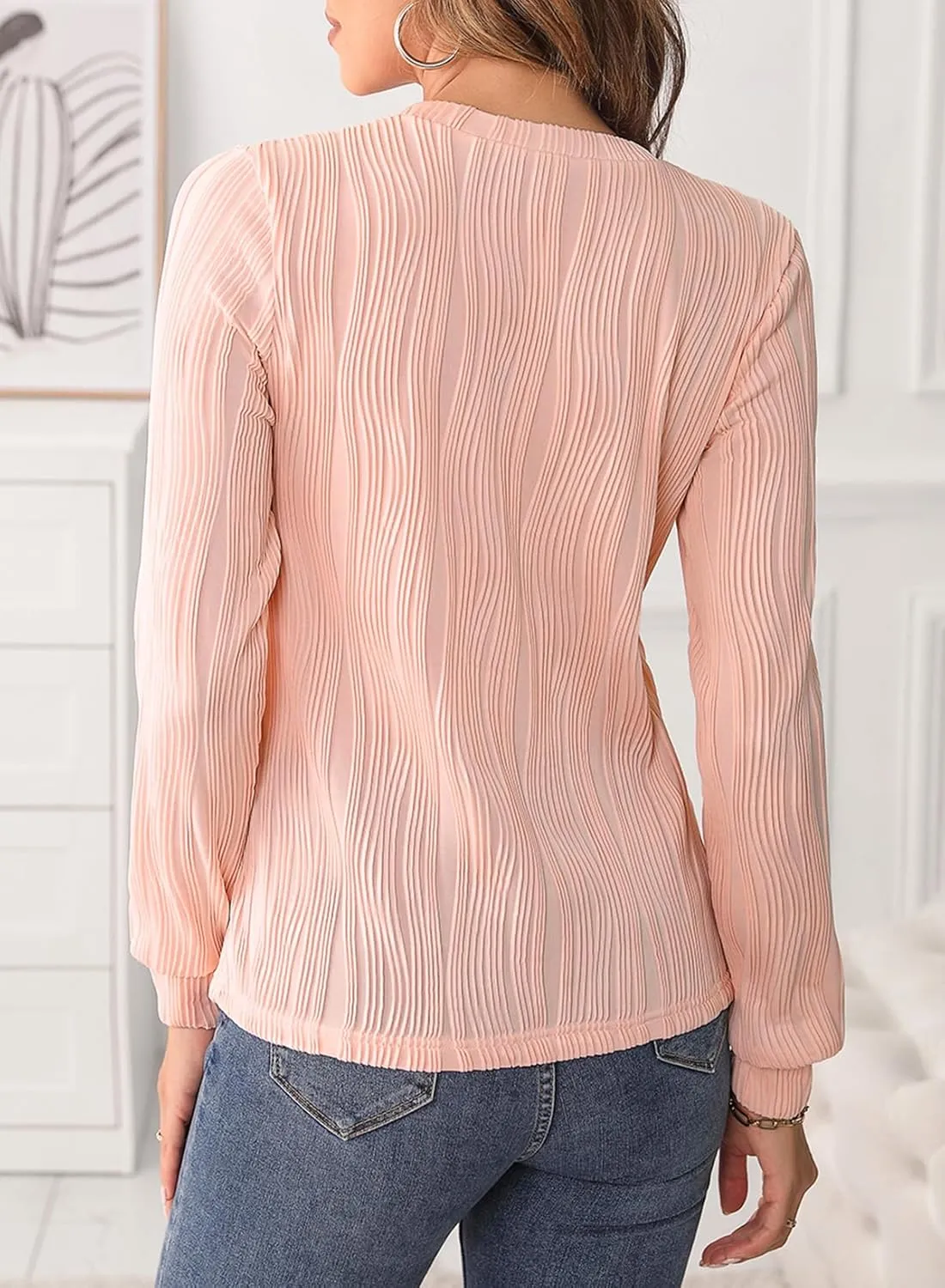 EVALESS Womens Tops Trendy Dressy Casual Long Sleeve Crewneck Basic T Shirts Solid Loose Textured Blouses Outfits