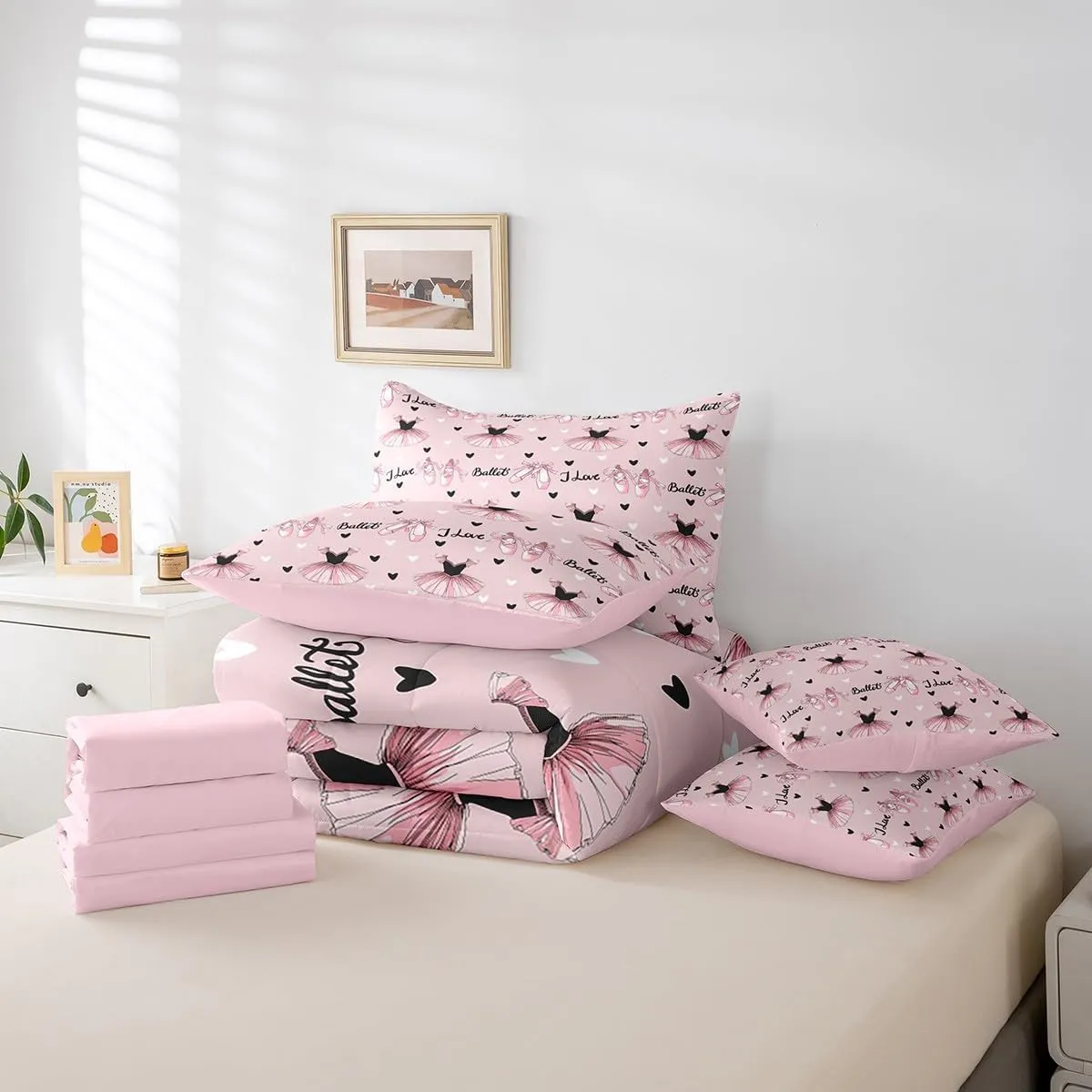 Feelyou Ballet Dance Full Size - 7 Pieces Bed in a Bag Set Black Ballet Dress Bed in Set Boys Girls Dancing Ballerinas Bedding Sets with Comforter, Flat Sheet, Fitted Sheet, Pillowcases, Pillow Covers