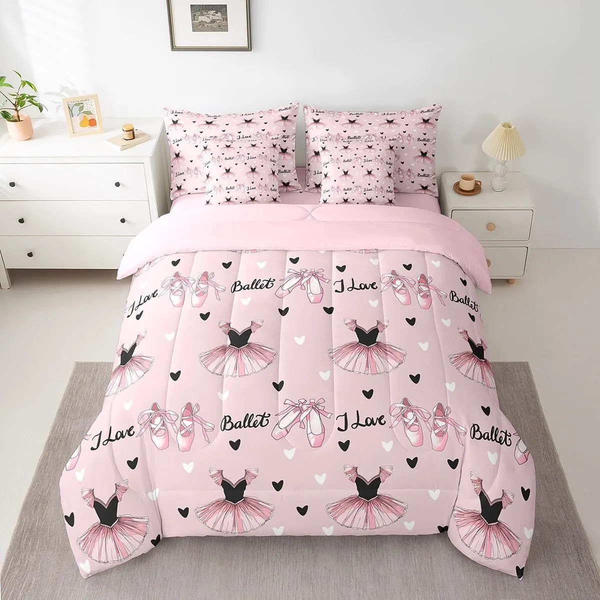 Feelyou Ballet Dance Full Size - 7 Pieces Bed in a Bag Set Black Ballet Dress Bed in Set Boys Girls Dancing Ballerinas Bedding Sets with Comforter, Flat Sheet, Fitted Sheet, Pillowcases, Pillow Covers