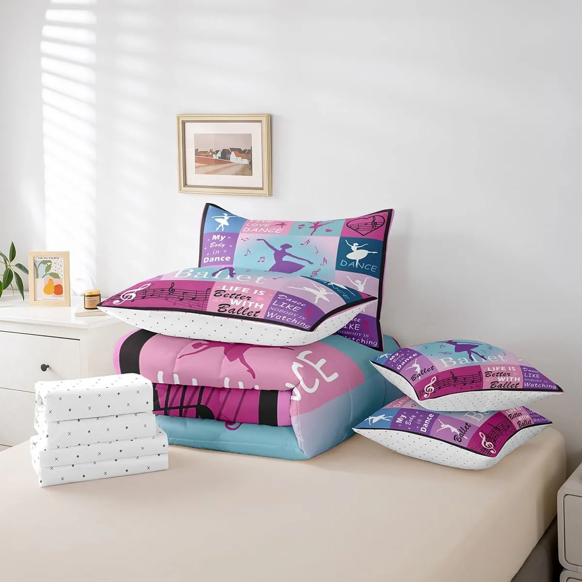 Feelyou Pink Ballerinas Comforter Set 7 Pieces Ballet Bed in a Bag Dancing Silhouette Dreamy Princess Bedding Set Full Size Bedroom Decor Music Bed Set with Comforter, Sheet Set, Pillowcases