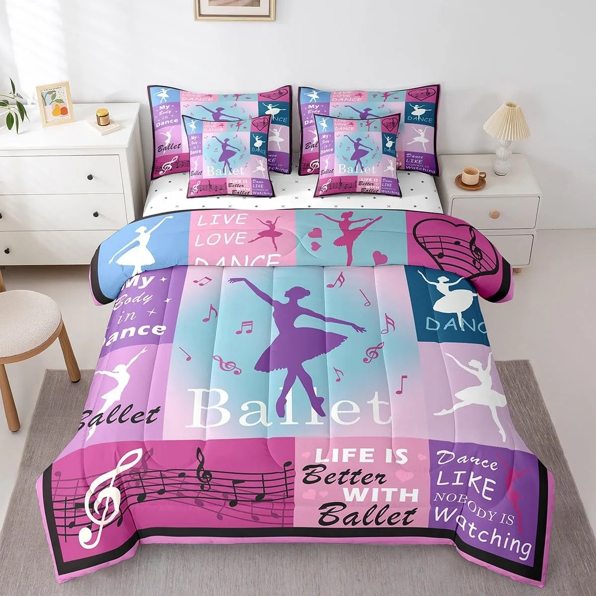 Feelyou Pink Ballerinas Comforter Set 7 Pieces Ballet Bed in a Bag Dancing Silhouette Dreamy Princess Bedding Set Full Size Bedroom Decor Music Bed Set with Comforter, Sheet Set, Pillowcases