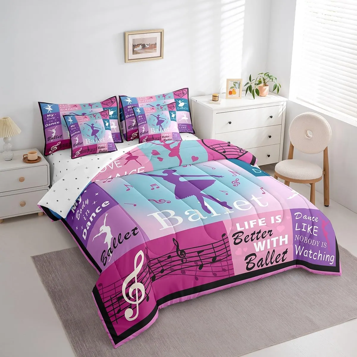 Feelyou Pink Ballerinas Comforter Set 7 Pieces Ballet Bed in a Bag Dancing Silhouette Dreamy Princess Bedding Set Full Size Bedroom Decor Music Bed Set with Comforter, Sheet Set, Pillowcases