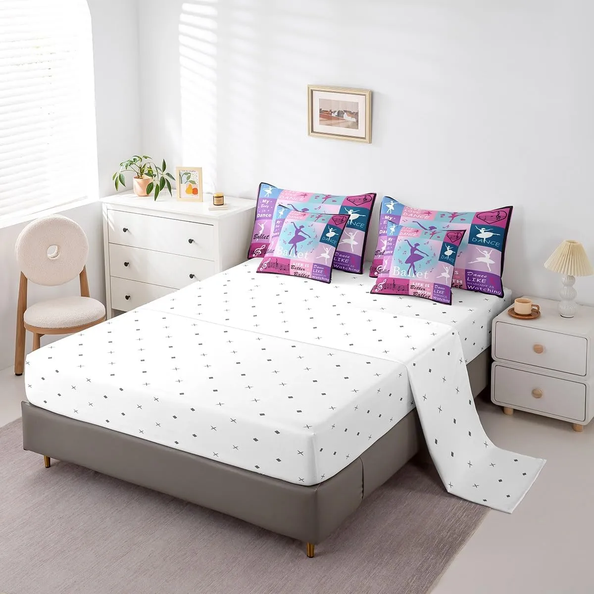 Feelyou Pink Ballerinas Comforter Set 7 Pieces Ballet Bed in a Bag Dancing Silhouette Dreamy Princess Bedding Set Full Size Bedroom Decor Music Bed Set with Comforter, Sheet Set, Pillowcases
