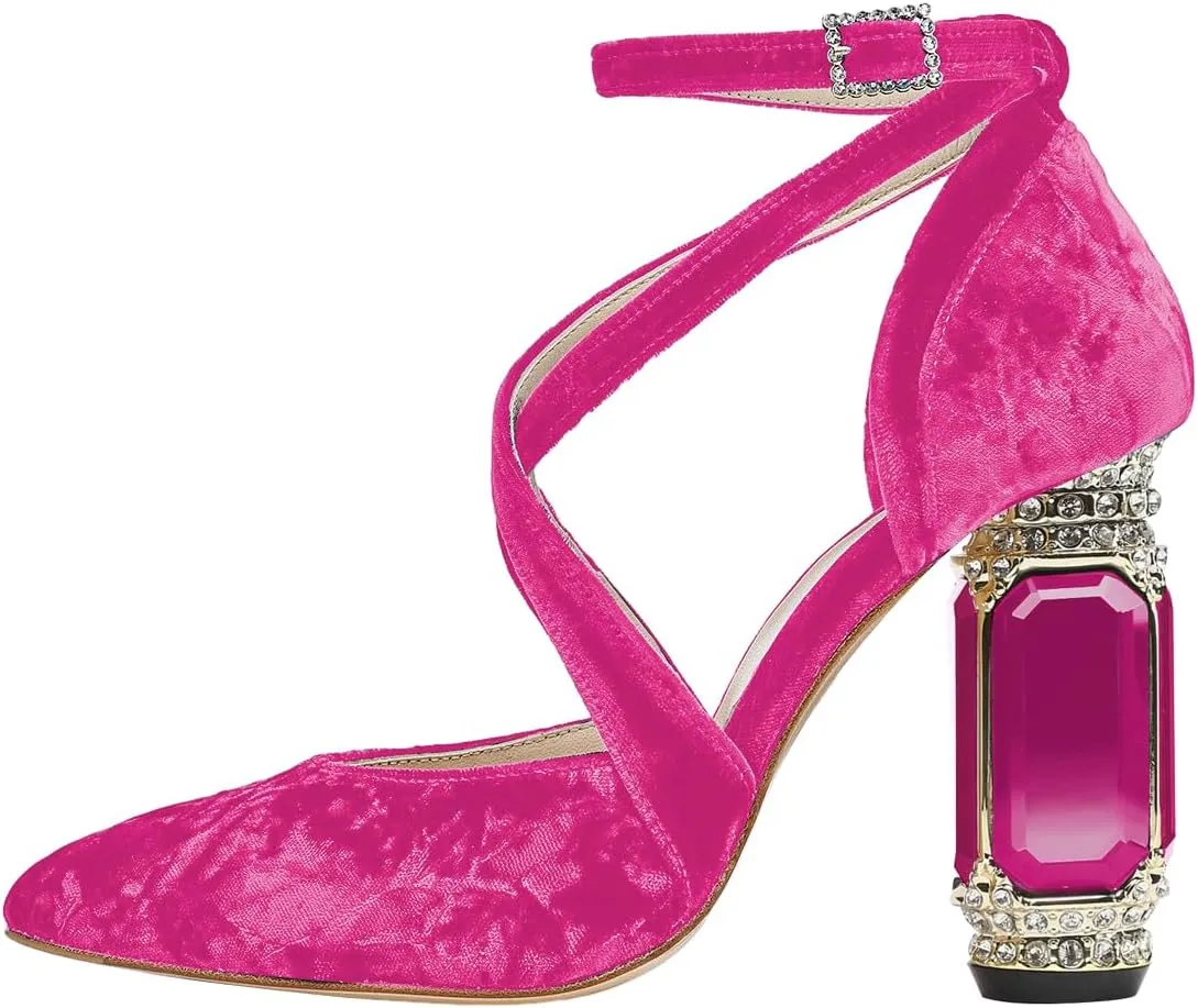 FSJ Women Chic Cross Strap Velvet Pumps Pointed Closed Toe Crystal Chunky High Heel Buckle Ankle Strap Fashion Party Dress Shoes Size 4-16 US