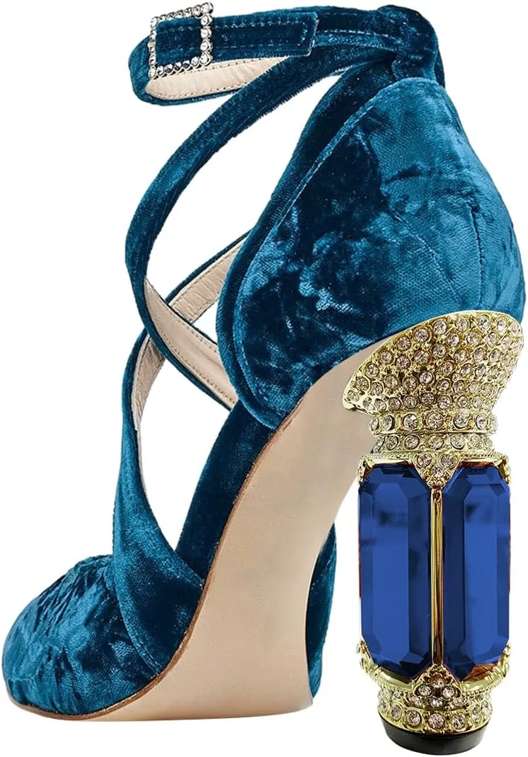 FSJ Women Chic Cross Strap Velvet Pumps Pointed Closed Toe Crystal Chunky High Heel Buckle Ankle Strap Fashion Party Dress Shoes Size 4-16 US