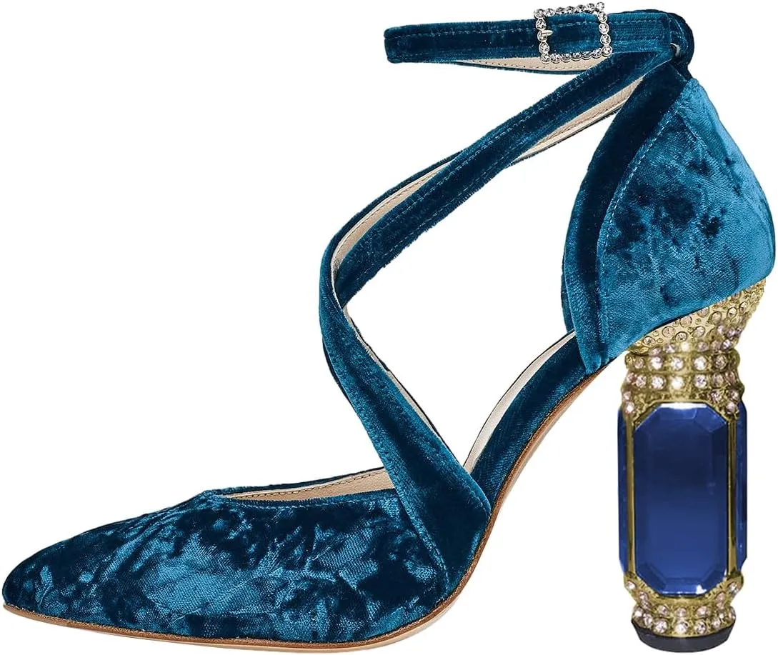 FSJ Women Chic Cross Strap Velvet Pumps Pointed Closed Toe Crystal Chunky High Heel Buckle Ankle Strap Fashion Party Dress Shoes Size 4-16 US
