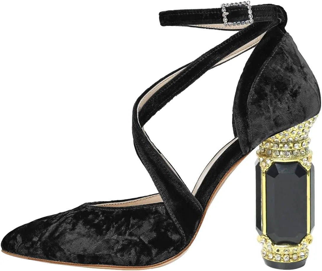 FSJ Women Chic Cross Strap Velvet Pumps Pointed Closed Toe Crystal Chunky High Heel Buckle Ankle Strap Fashion Party Dress Shoes Size 4-16 US