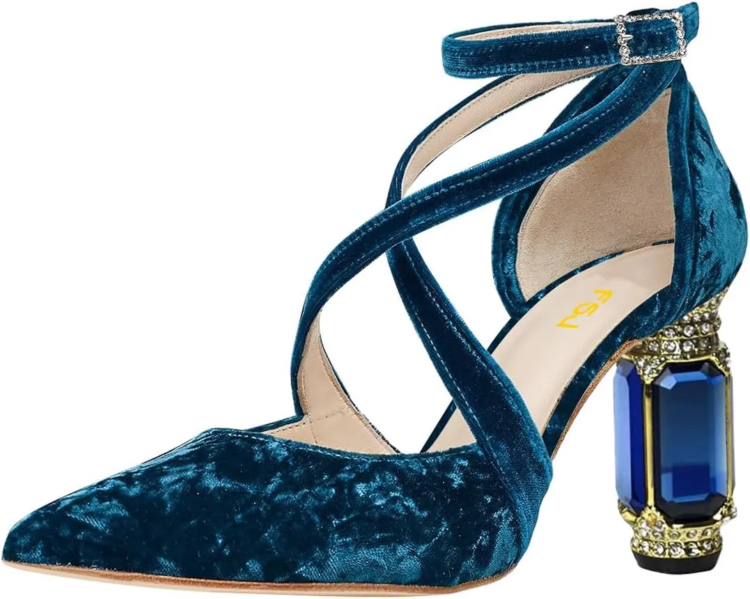FSJ Women Chic Cross Strap Velvet Pumps Pointed Closed Toe Crystal Chunky High Heel Buckle Ankle Strap Fashion Party Dress Shoes Size 4-16 US
