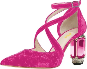 FSJ Women Chic Cross Strap Velvet Pumps Pointed Closed Toe Crystal Chunky High Heel Buckle Ankle Strap Fashion Party Dress Shoes Size 4-16 US