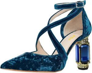 FSJ Women Chic Cross Strap Velvet Pumps Pointed Closed Toe Crystal Chunky High Heel Buckle Ankle Strap Fashion Party Dress Shoes Size 4-16 US