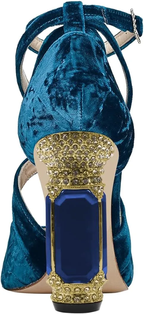 FSJ Women Chic Cross Strap Velvet Pumps Pointed Closed Toe Crystal Chunky High Heel Buckle Ankle Strap Fashion Party Dress Shoes Size 4-16 US