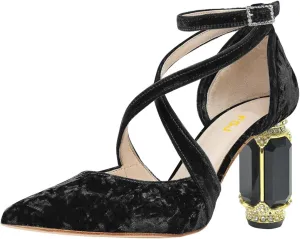 FSJ Women Chic Cross Strap Velvet Pumps Pointed Closed Toe Crystal Chunky High Heel Buckle Ankle Strap Fashion Party Dress Shoes Size 4-16 US