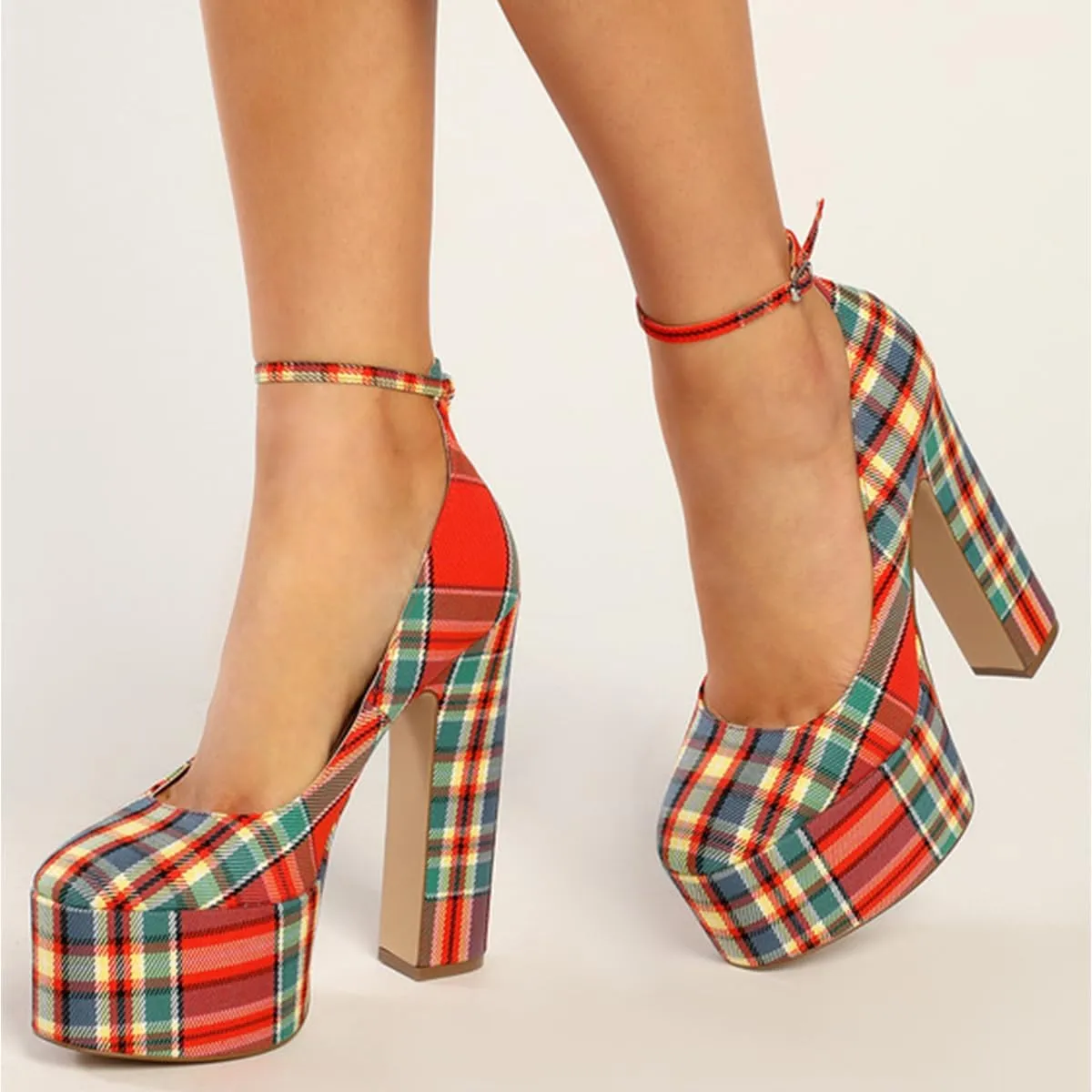 FSJ Women Classy Ankle Strap Closed Toe Platform Chunky High Heel Pumps Plaid Comfy Party Club Night Shoes Size 4-15 US