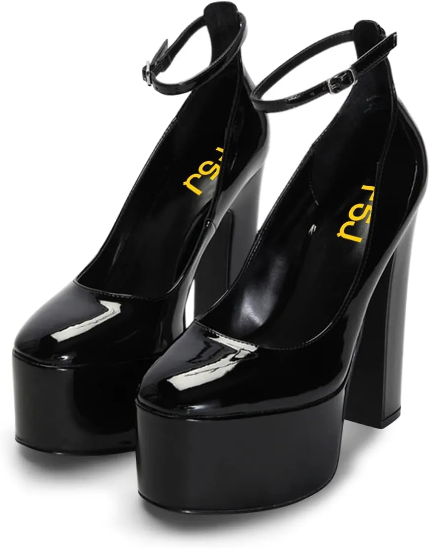 FSJ Women Classy Ankle Strap Closed Toe Platform Chunky High Heel Pumps Plaid Comfy Party Club Night Shoes Size 4-15 US