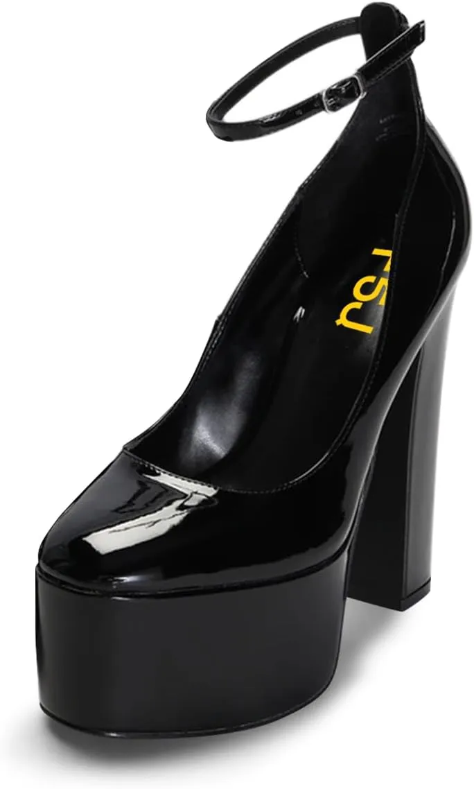 FSJ Women Classy Ankle Strap Closed Toe Platform Chunky High Heel Pumps Plaid Comfy Party Club Night Shoes Size 4-15 US