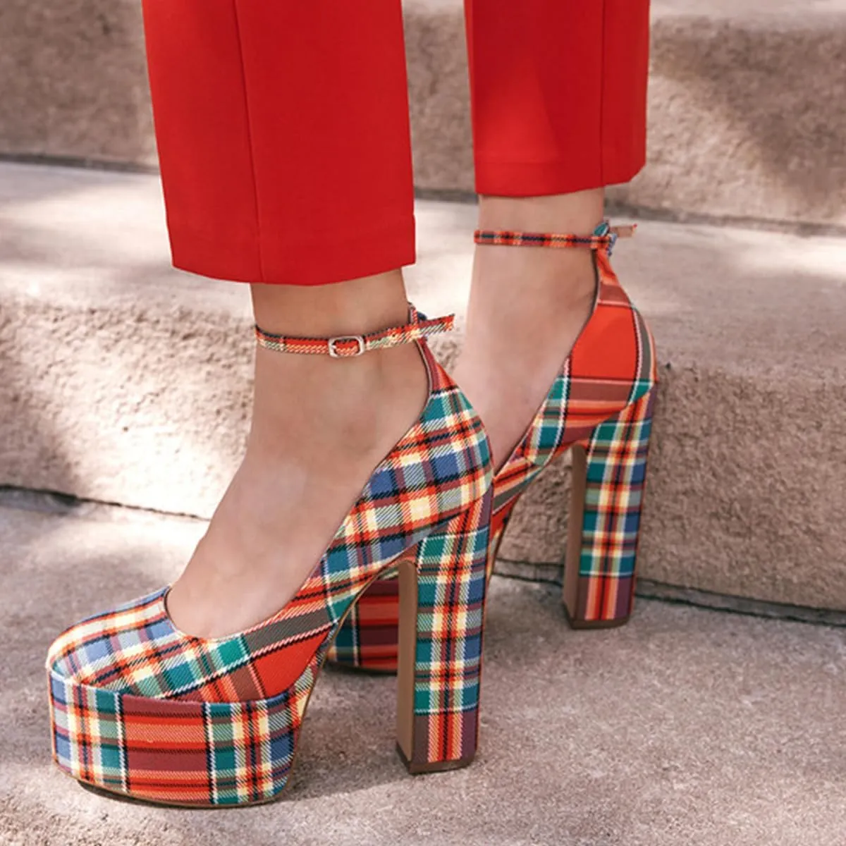 FSJ Women Classy Ankle Strap Closed Toe Platform Chunky High Heel Pumps Plaid Comfy Party Club Night Shoes Size 4-15 US