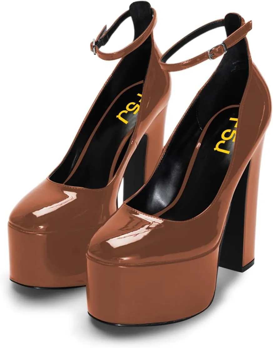 FSJ Women Classy Ankle Strap Closed Toe Platform Chunky High Heel Pumps Plaid Comfy Party Club Night Shoes Size 4-15 US