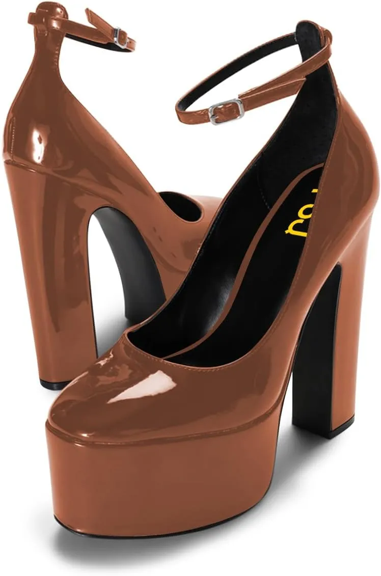 FSJ Women Classy Ankle Strap Closed Toe Platform Chunky High Heel Pumps Plaid Comfy Party Club Night Shoes Size 4-15 US
