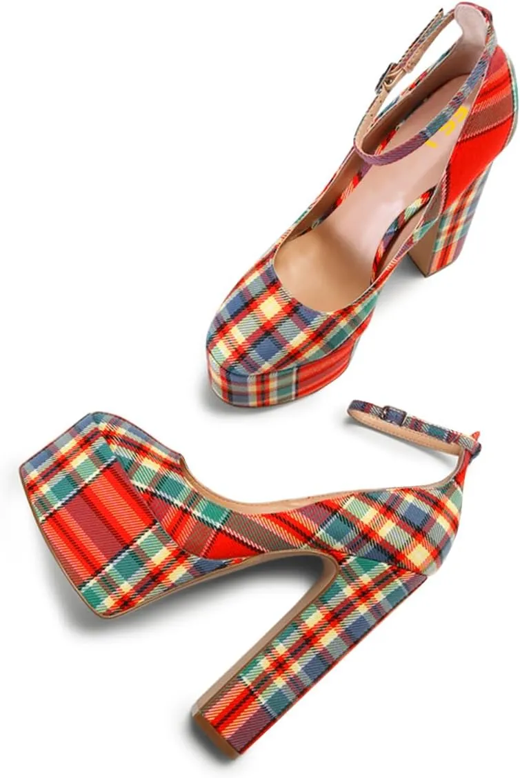 FSJ Women Classy Ankle Strap Closed Toe Platform Chunky High Heel Pumps Plaid Comfy Party Club Night Shoes Size 4-15 US